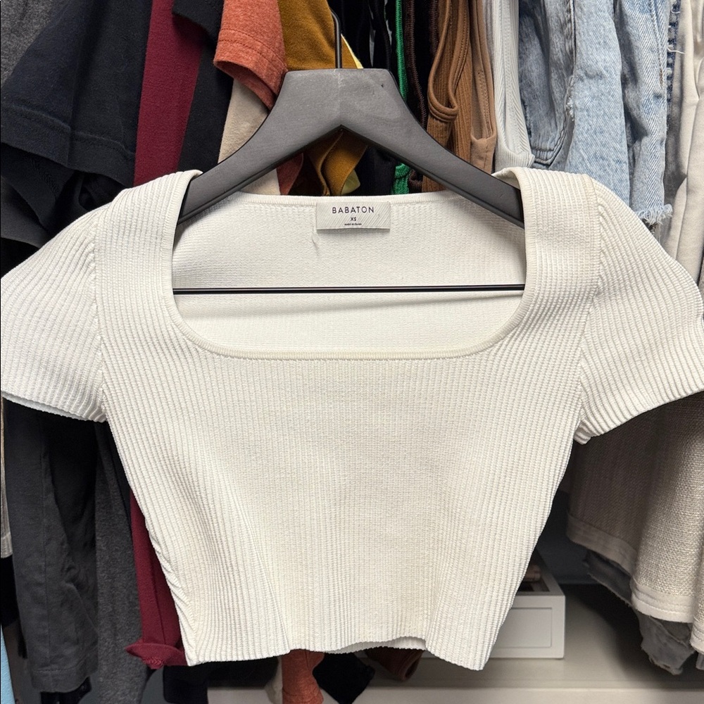 Babaton Cream Ribbed Square Neck Blouse